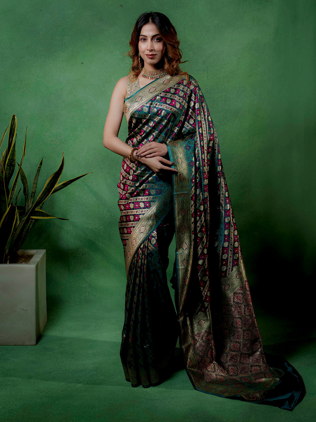 Rama-Green Woven Design Satin Saree