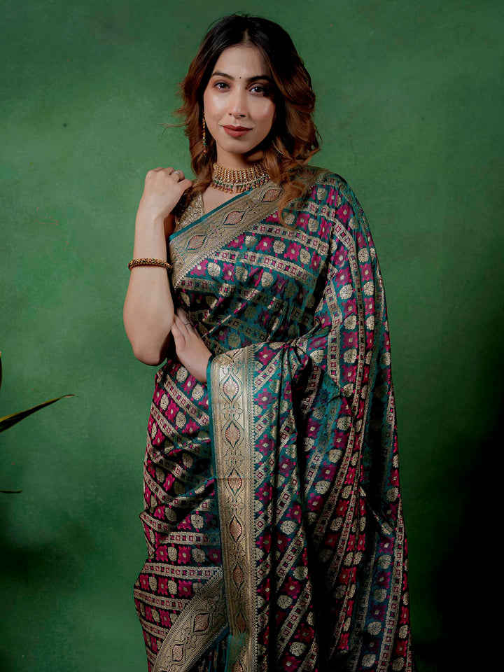 Rama-Green Woven Design Satin Saree