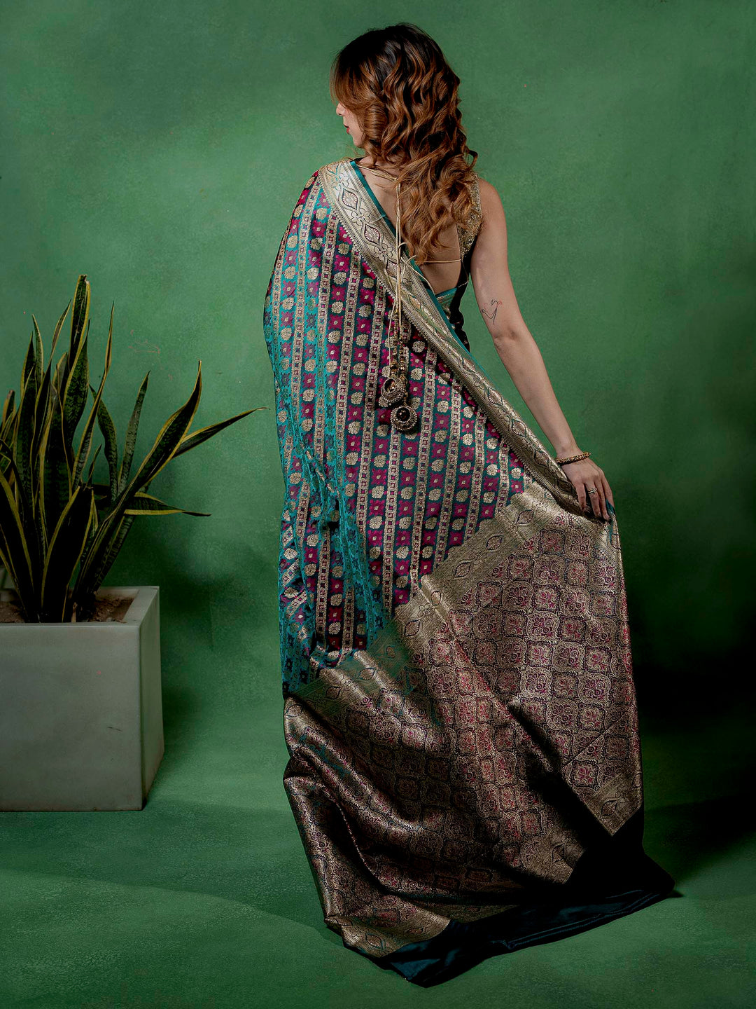 Rama-Green Woven Design Satin Saree