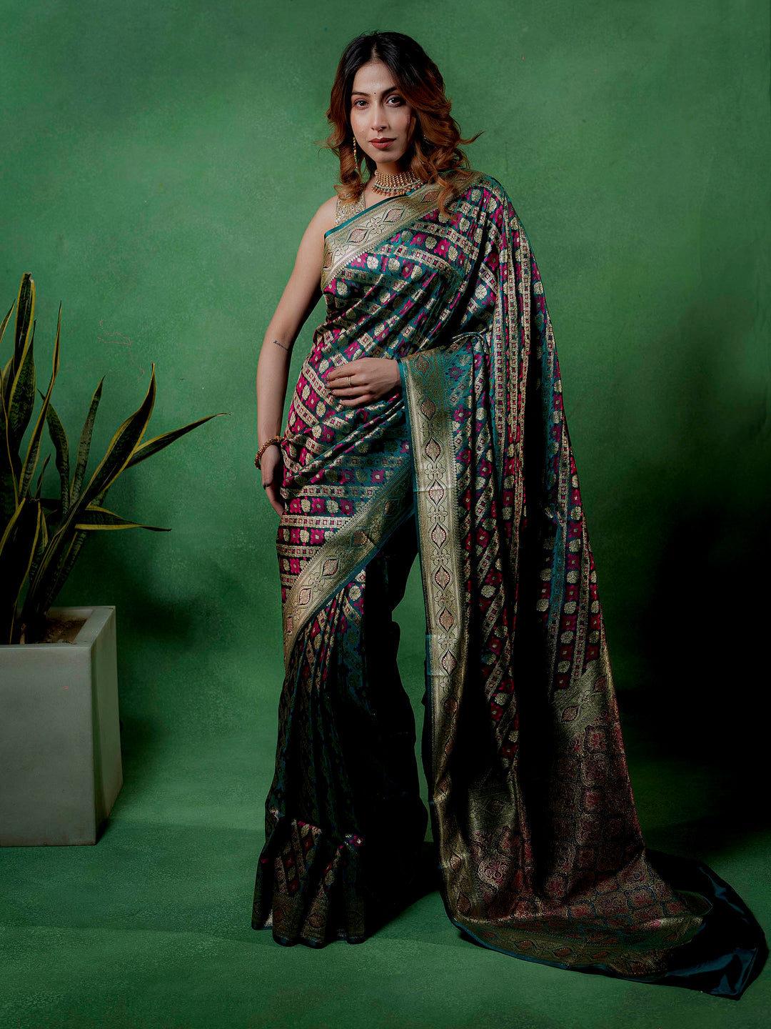 Rama-Green Woven Design Satin Saree