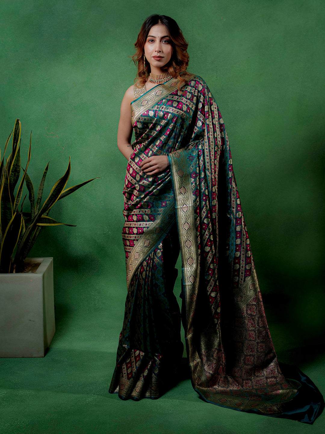 Rama-Green Woven Design Satin Saree
