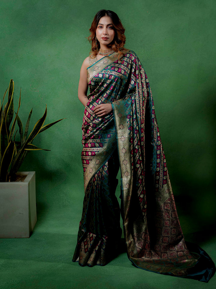 Rama-Green Woven Design Satin Saree