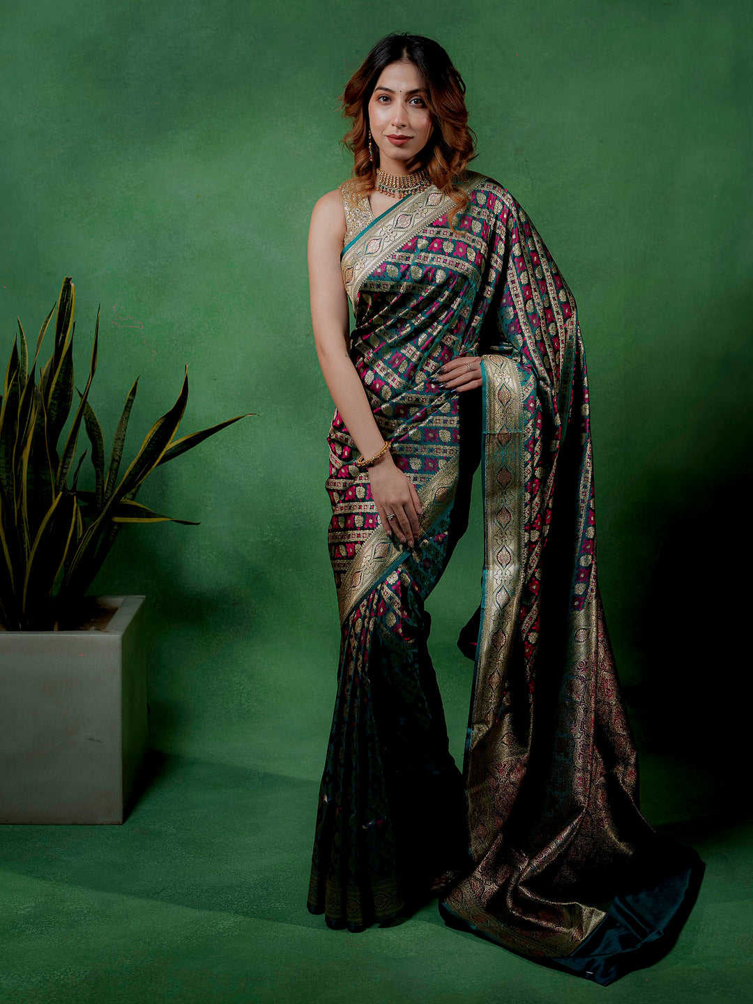 Rama-Green Woven Design Satin Saree
