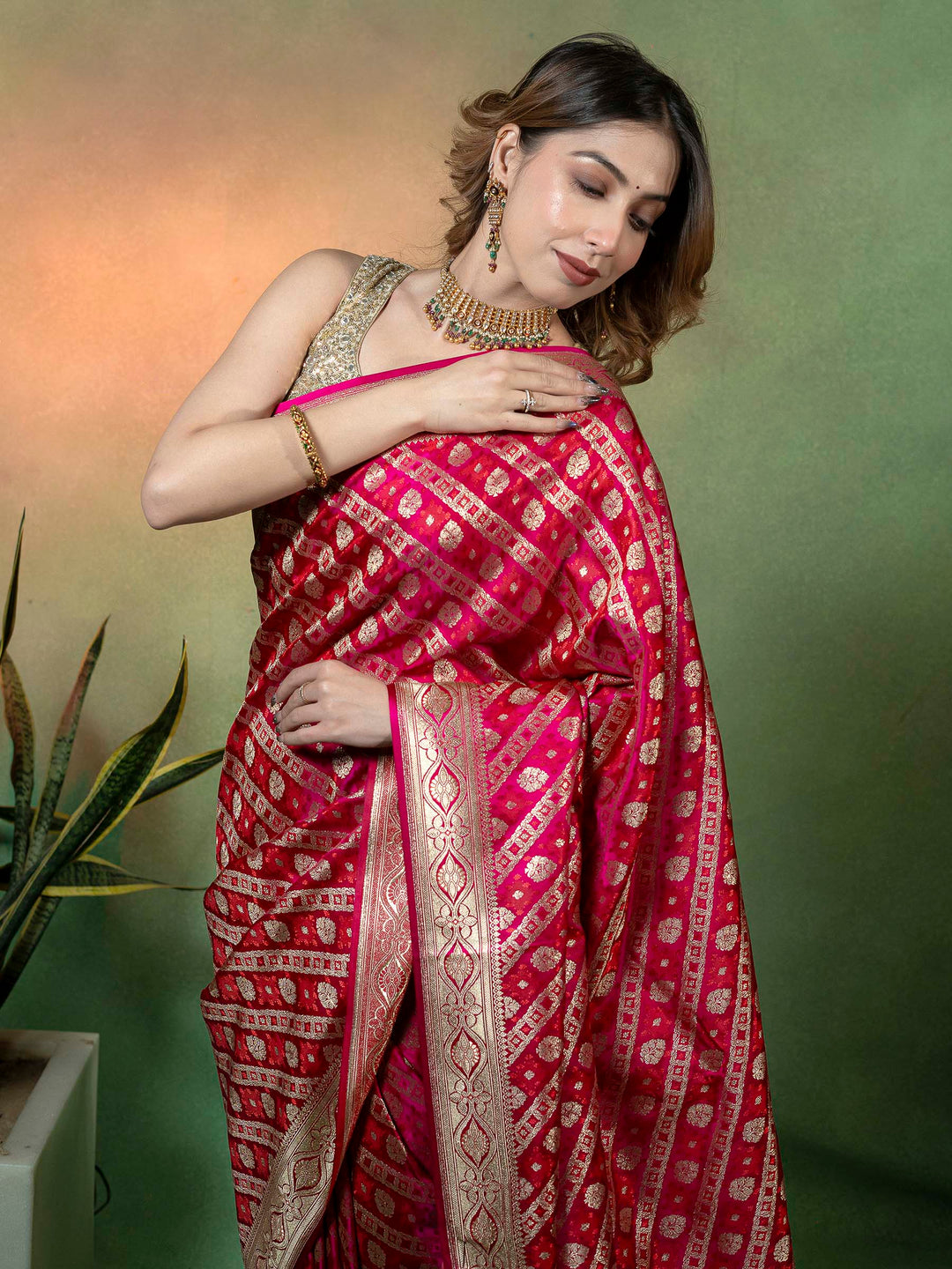 Rani Woven Design Satin Saree