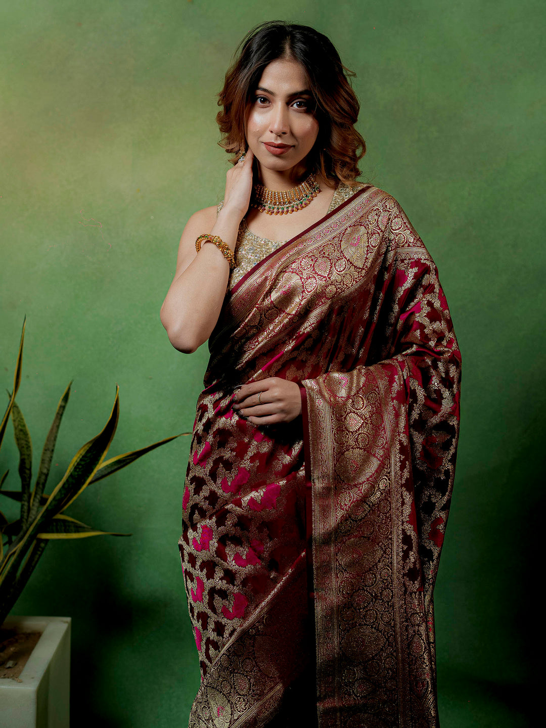 Maroon Woven Design Satin Saree
