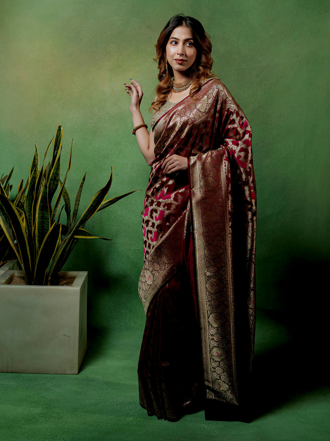 Maroon Woven Design Satin Saree