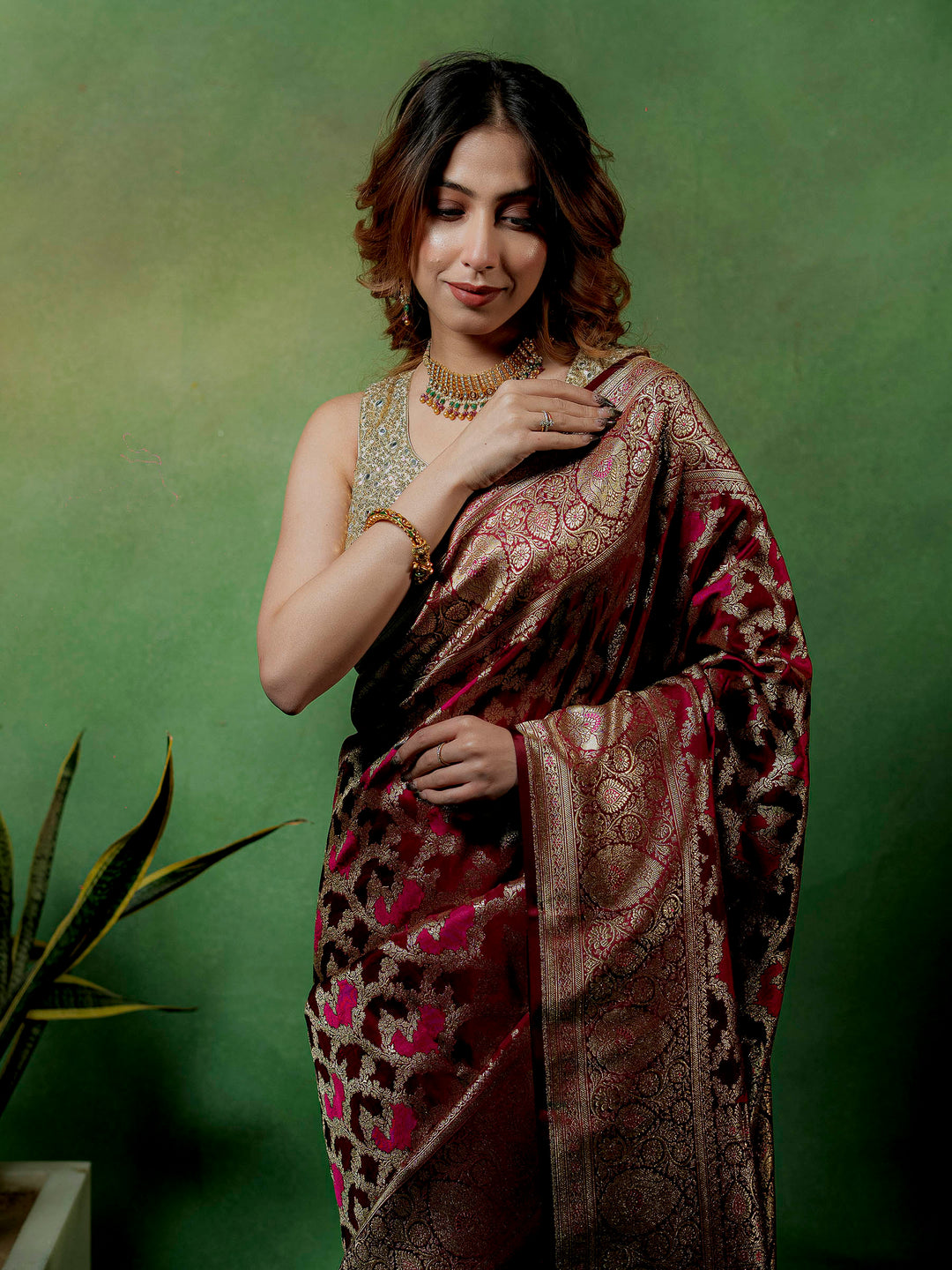 Maroon Woven Design Satin Saree