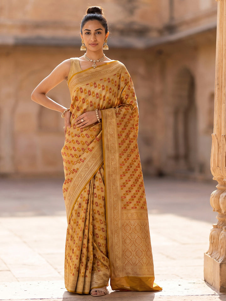Mustard Woven Design Satin Saree