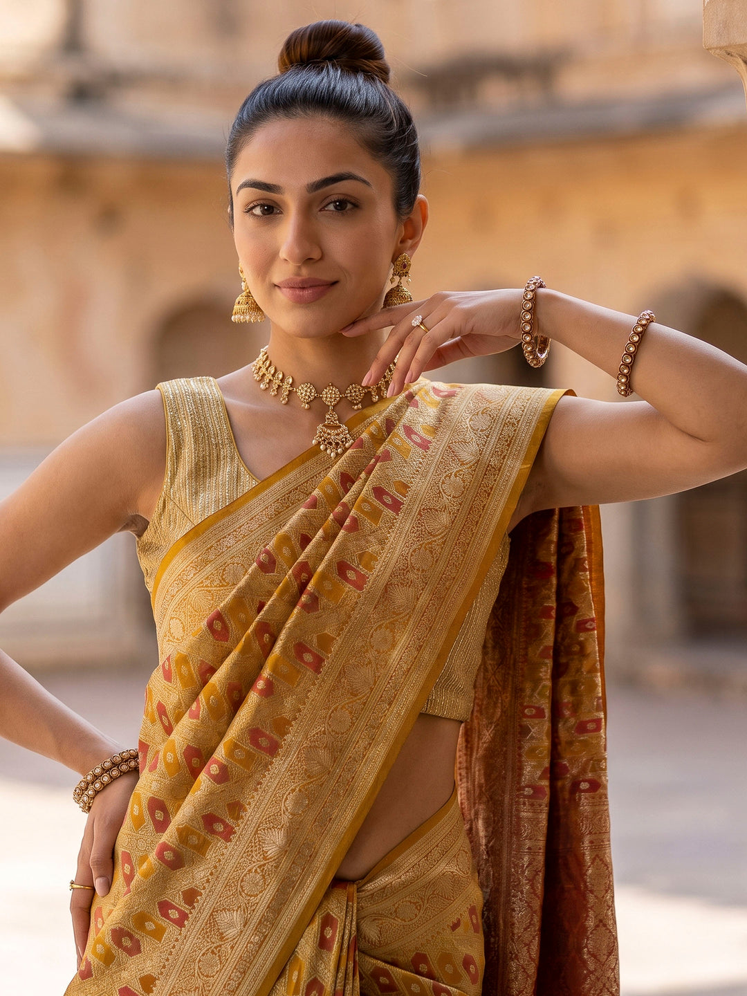 Mustard Woven Design Satin Saree
