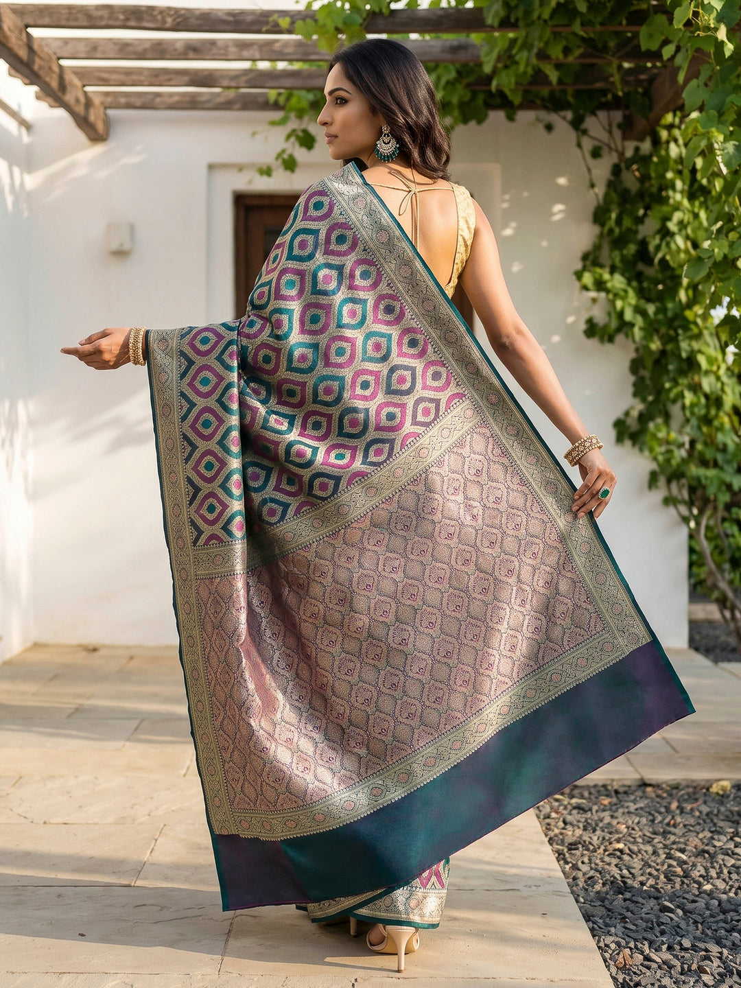Rama Green Satin Woven Saree