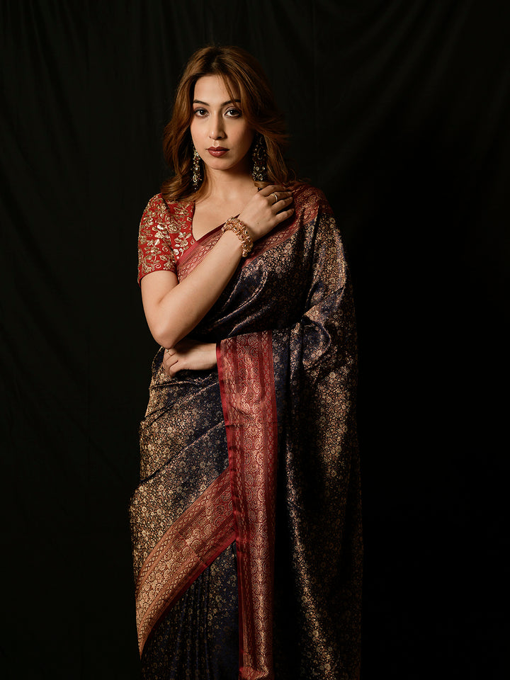 Black Woven Design Satin Saree