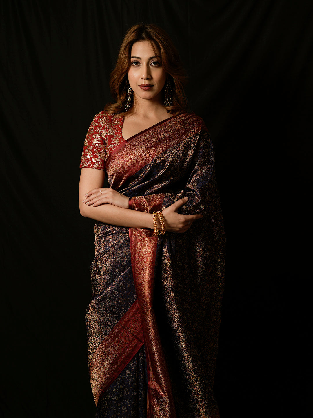 Black Woven Design Satin Saree