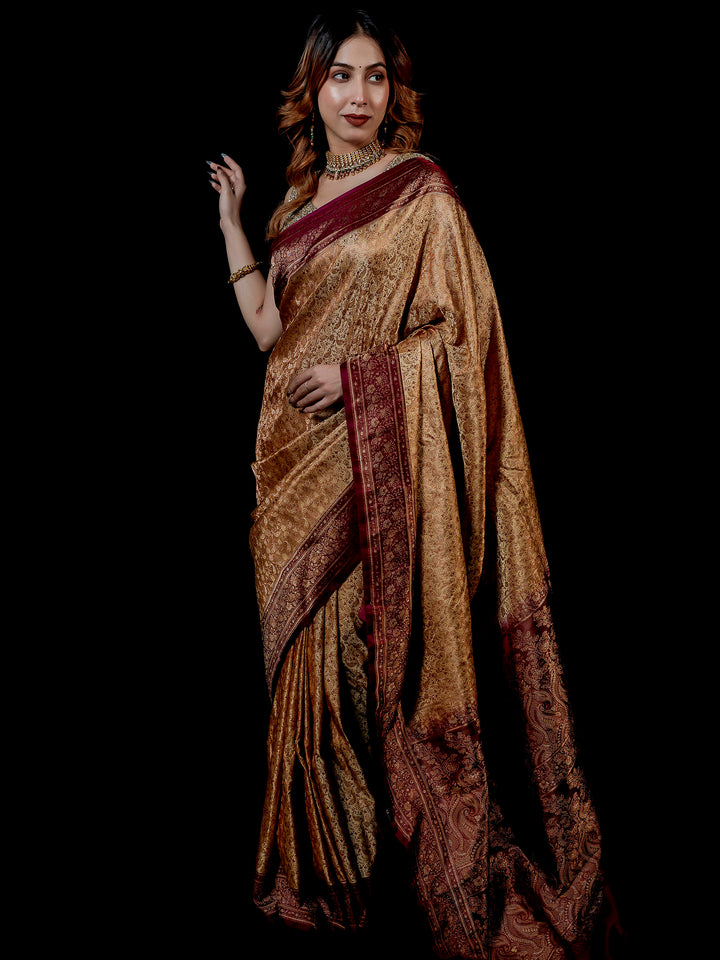 Beige Woven Design Satin Saree