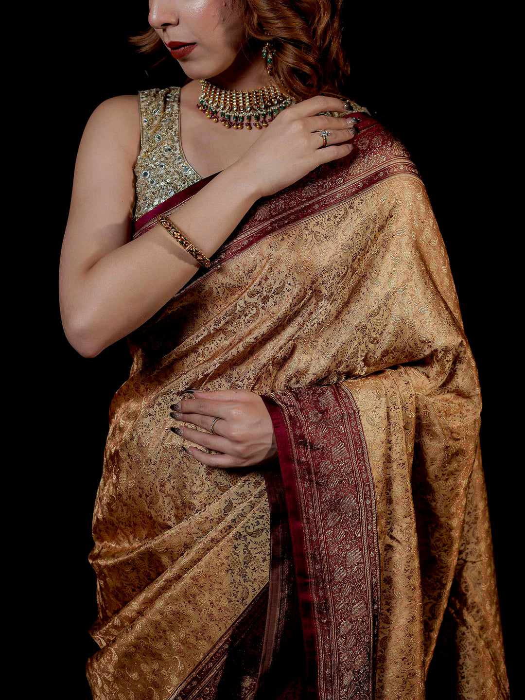 Beige Woven Design Satin Saree