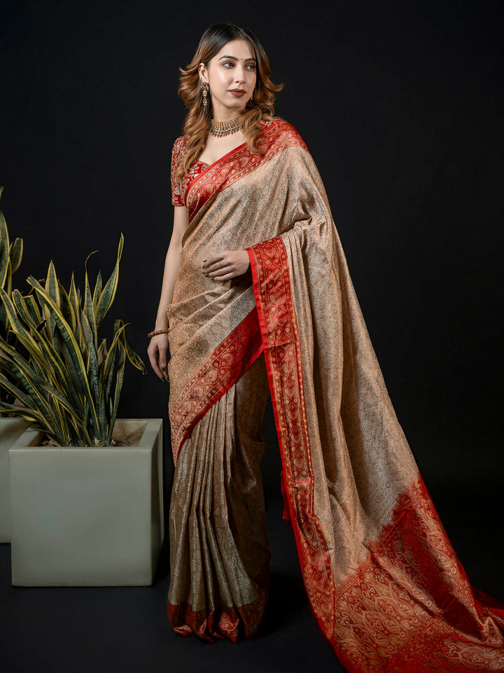 Beige Woven Design Satin Saree