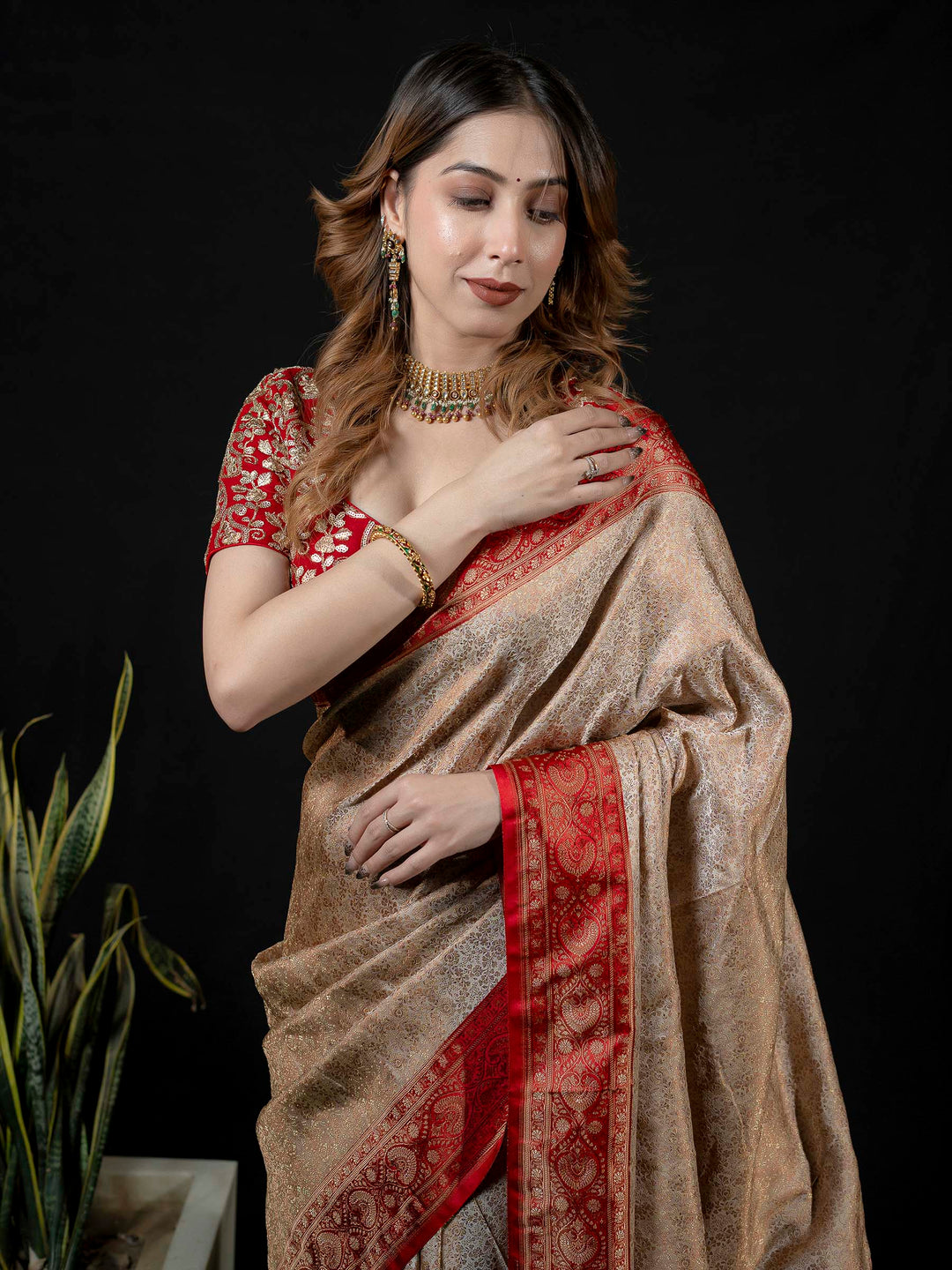 Beige Woven Design Satin Saree