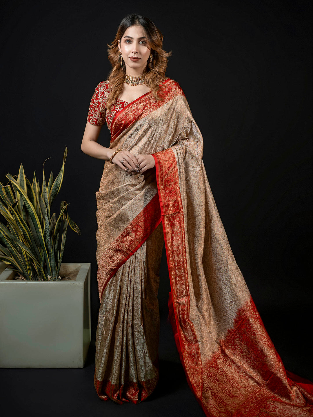 Beige Woven Design Satin Saree