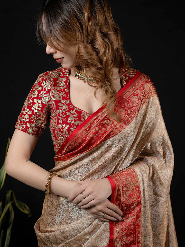 Beige Woven Design Satin Saree