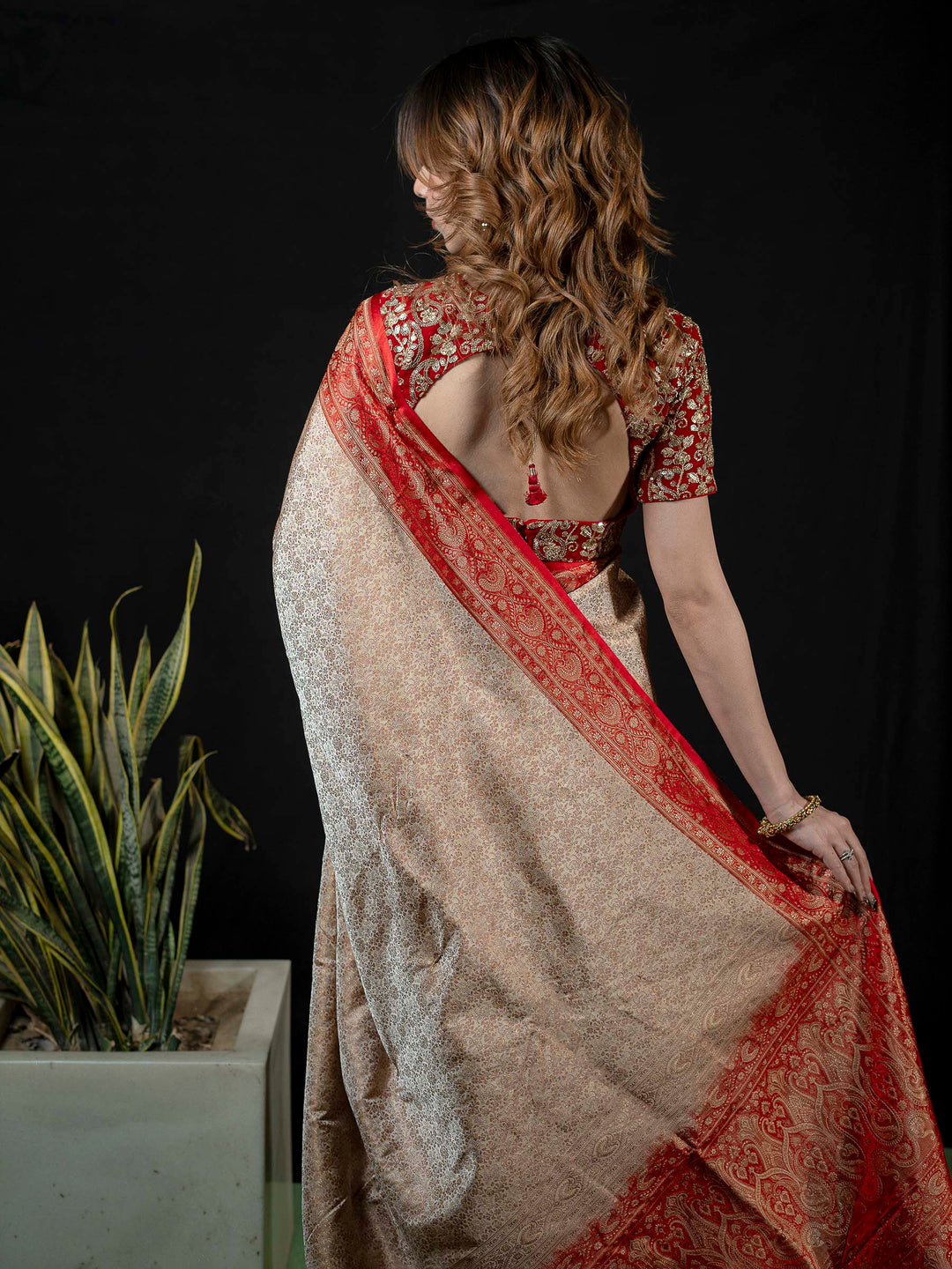 Beige Woven Design Satin Saree