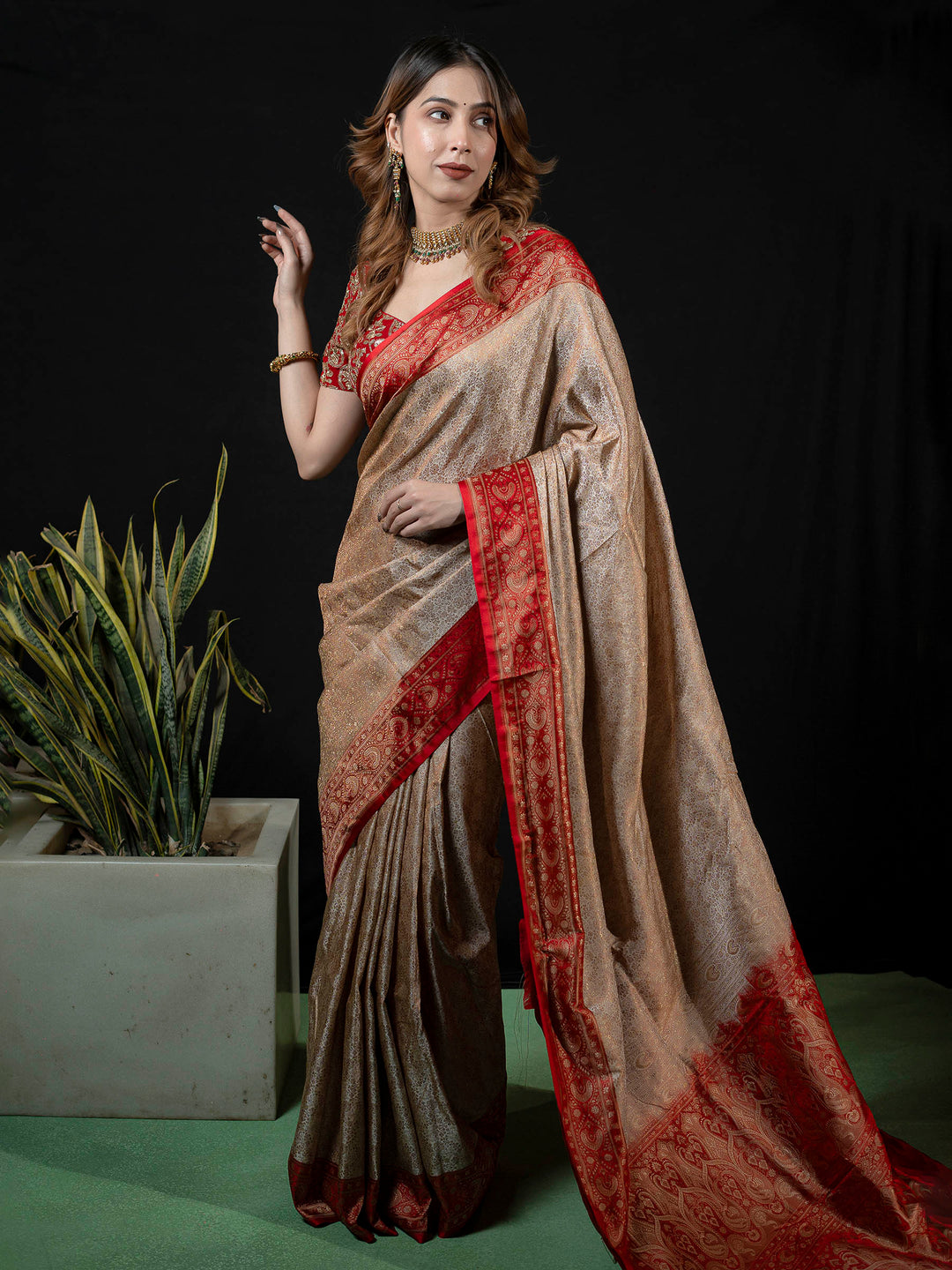 Beige Woven Design Satin Saree