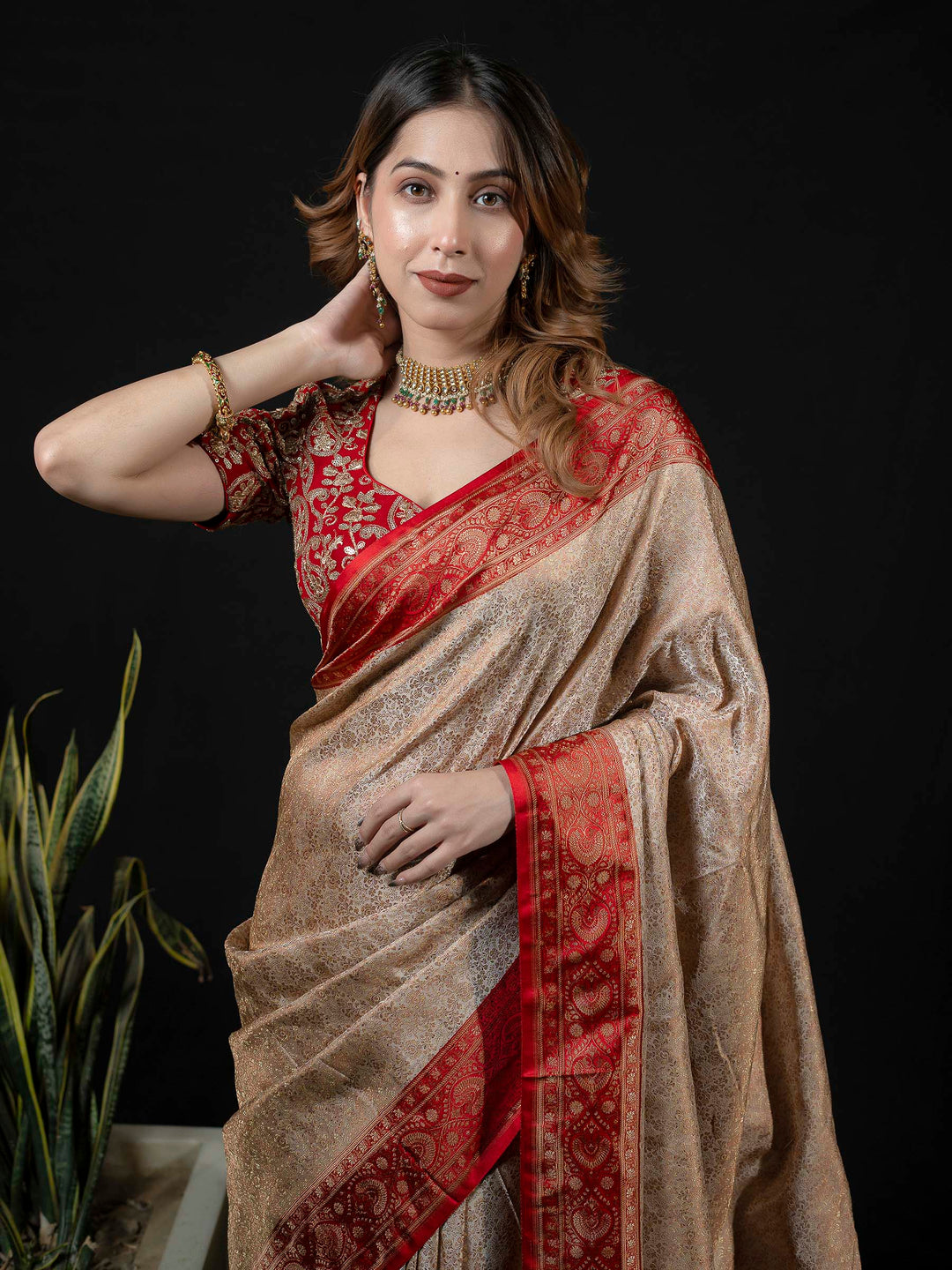 Beige Woven Design Satin Saree
