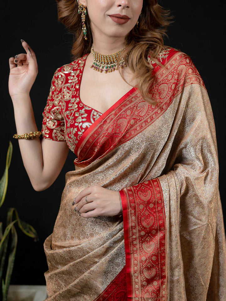 Beige Woven Design Satin Saree