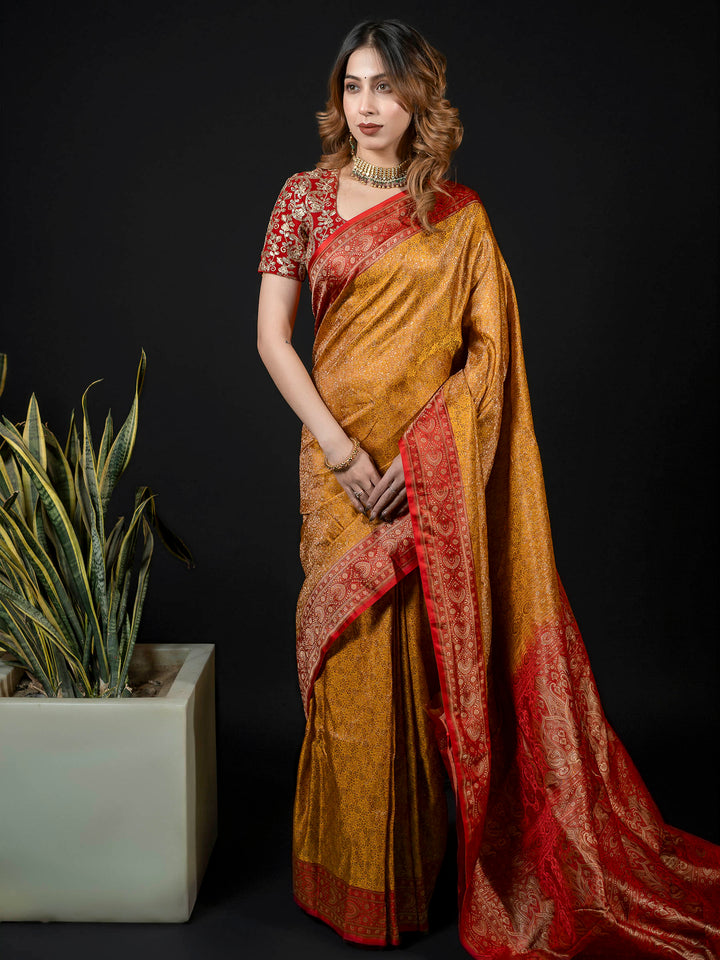 Mustard Woven Design Satin Saree