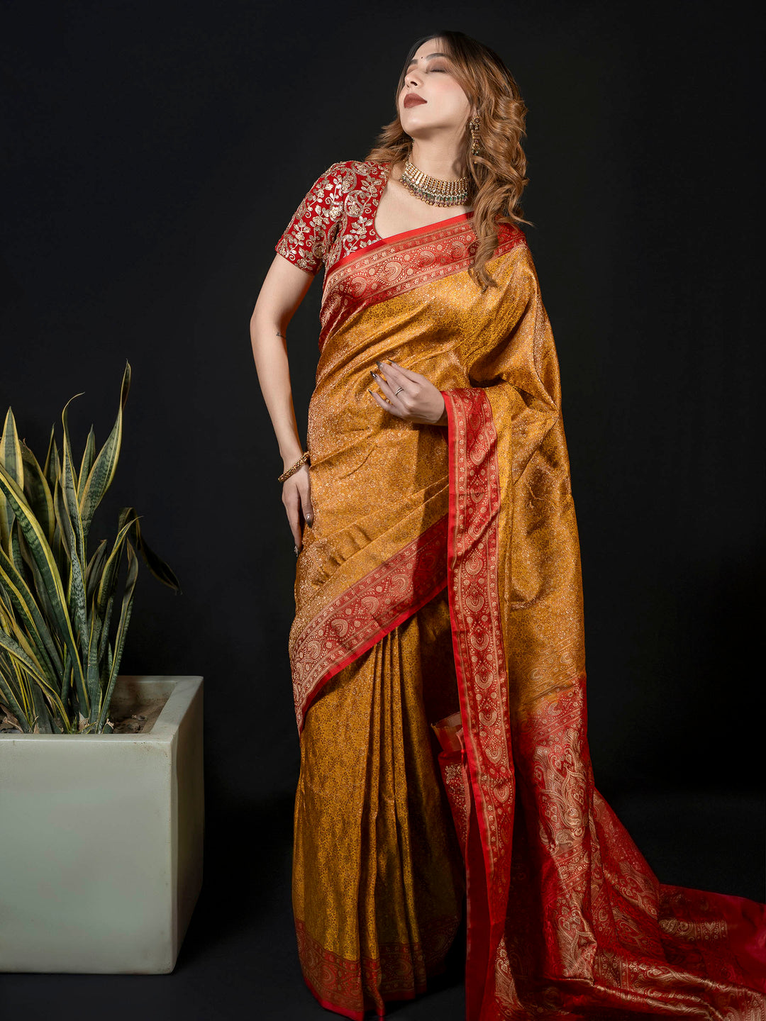 Mustard Woven Design Satin Saree