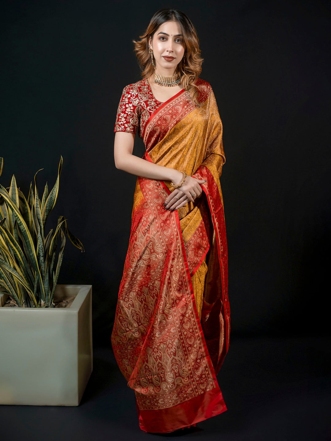 Mustard Woven Design Satin Saree