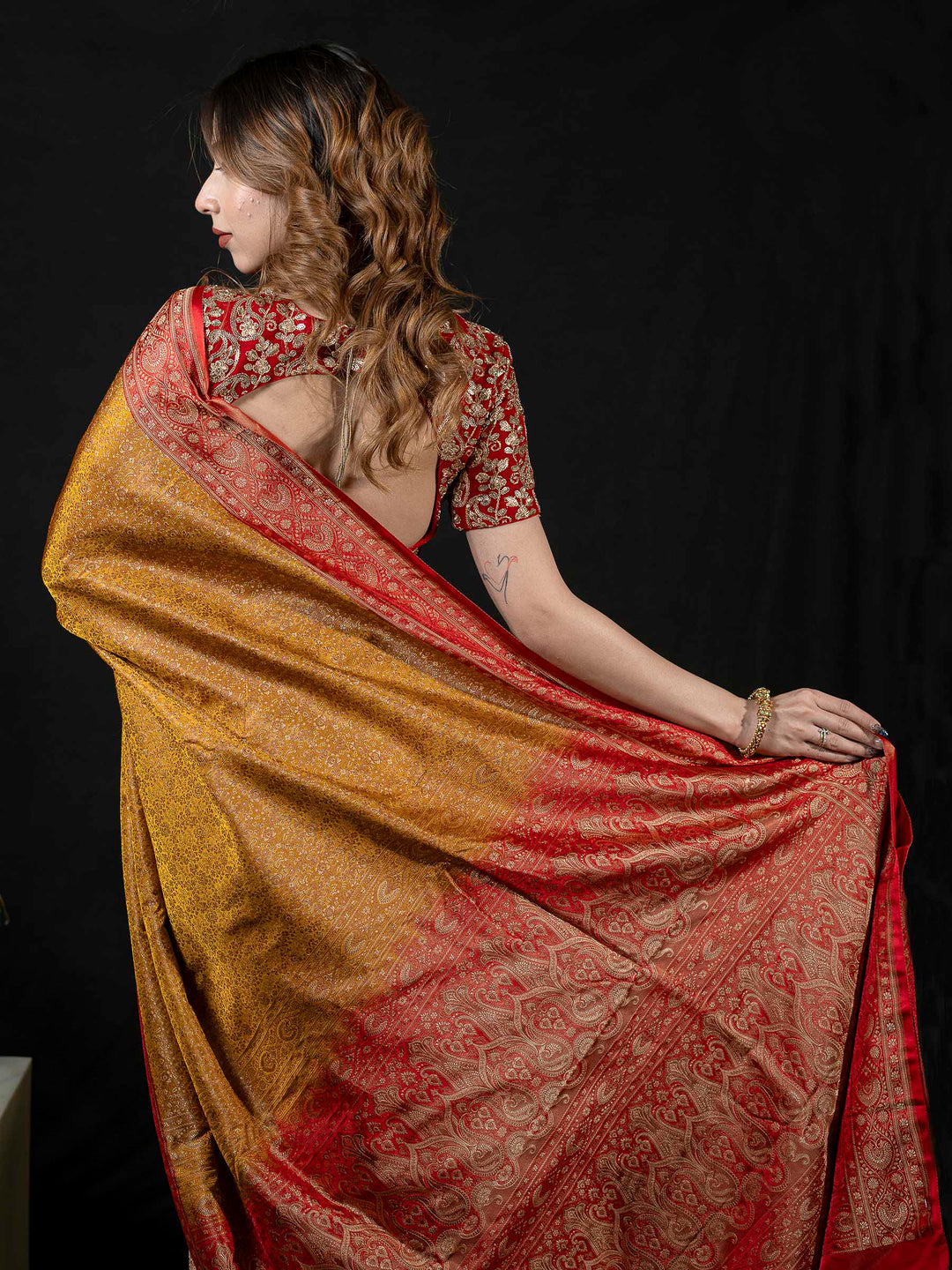 Mustard Woven Design Satin Saree