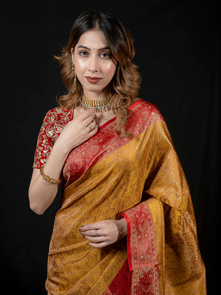 Mustard Woven Design Satin Saree