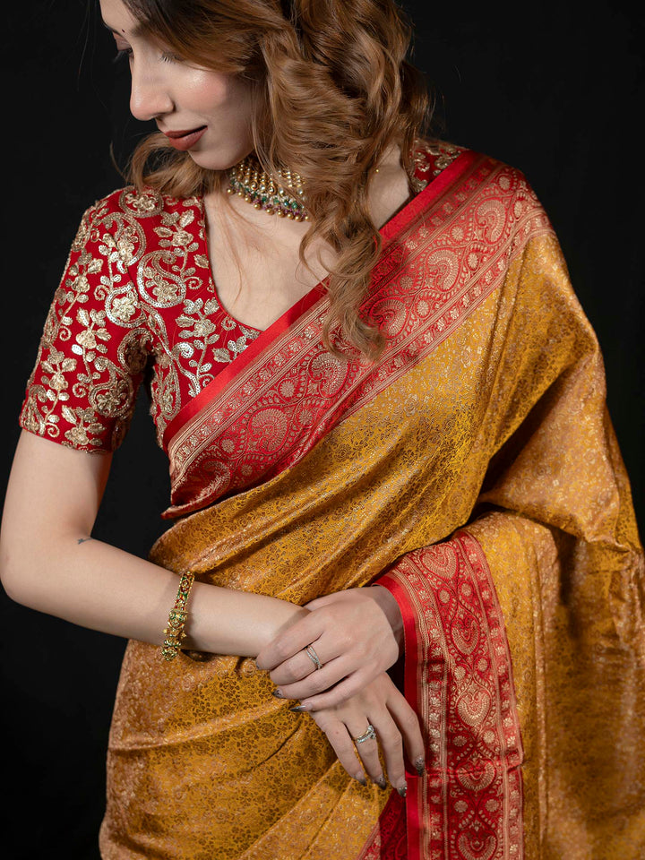 Mustard Woven Design Satin Saree