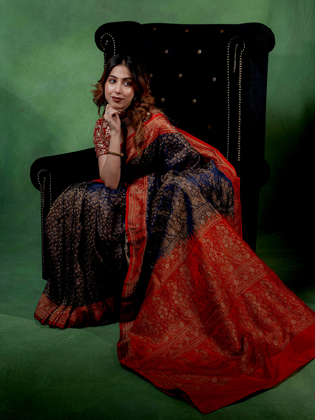 Navy-Blue Woven Design Satin Saree