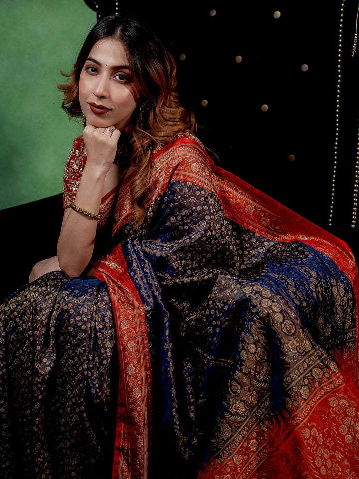 Navy-Blue Woven Design Satin Saree
