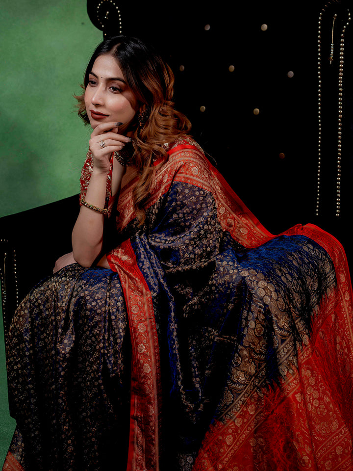 Navy-Blue Woven Design Satin Saree