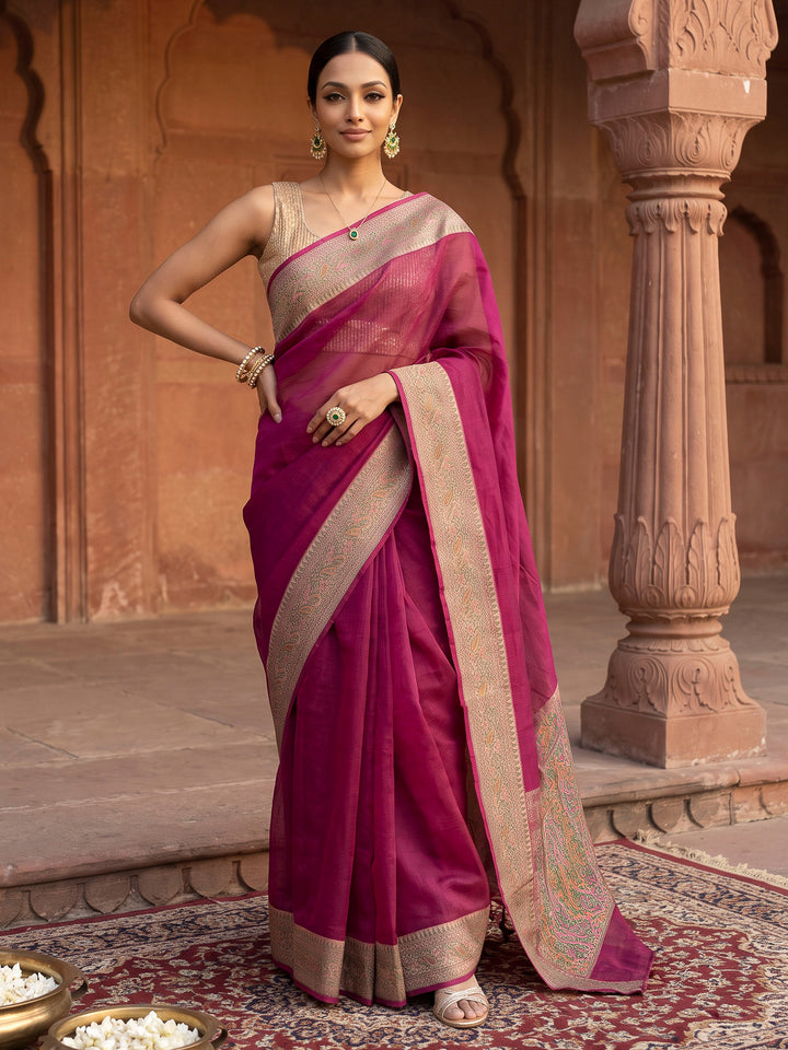Magenta Woven Design Cotton Blend Saree