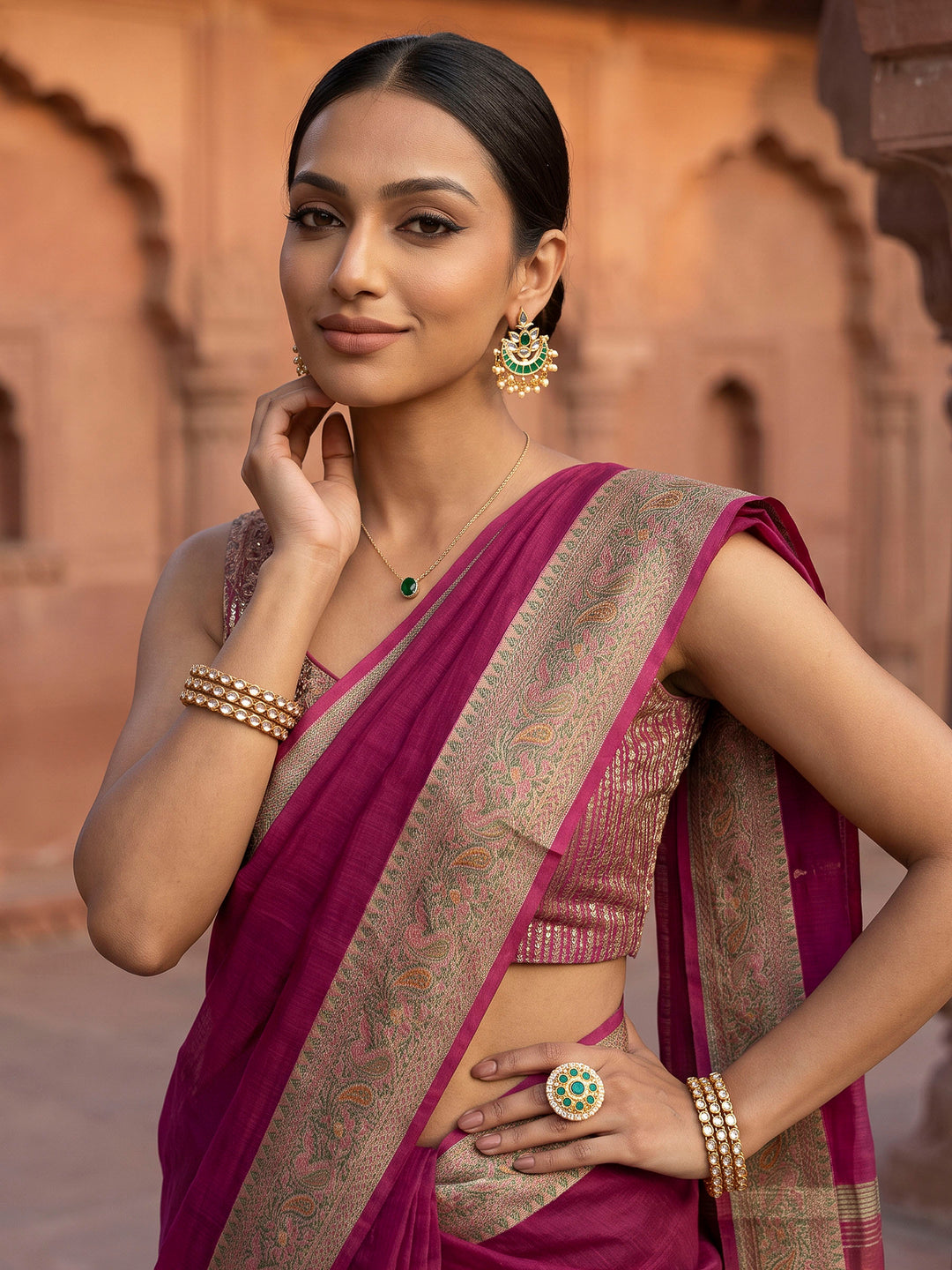 Magenta Woven Design Cotton Blend Saree