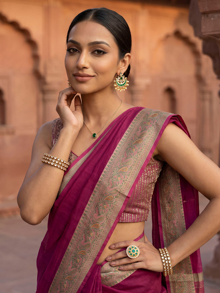Magenta Woven Design Cotton Blend Saree