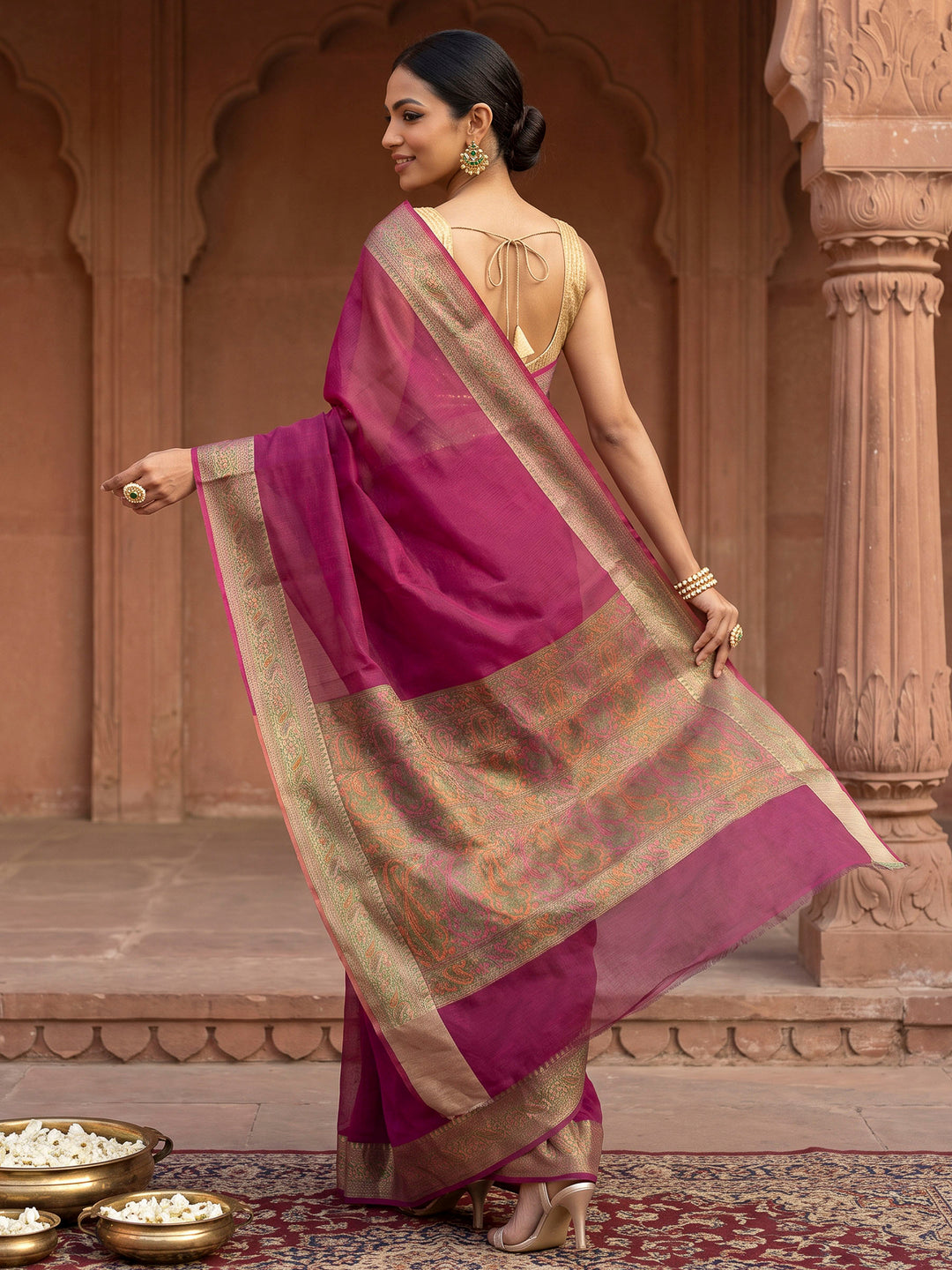 Magenta Woven Design Cotton Blend Saree