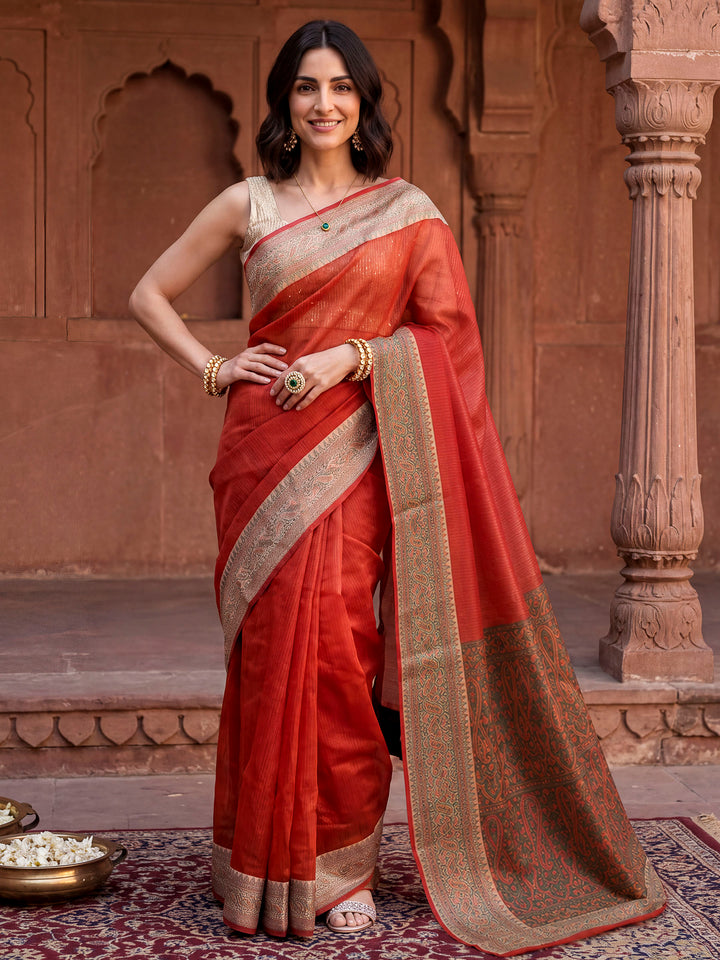 Orange Woven Design Cotton Blend Saree