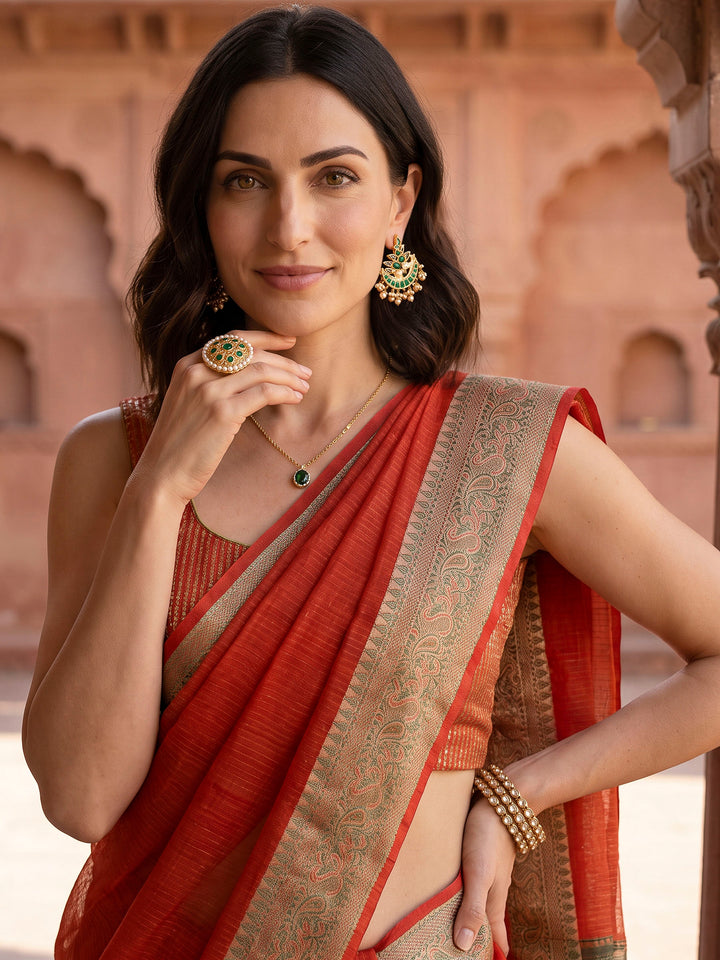Orange Woven Design Cotton Blend Saree