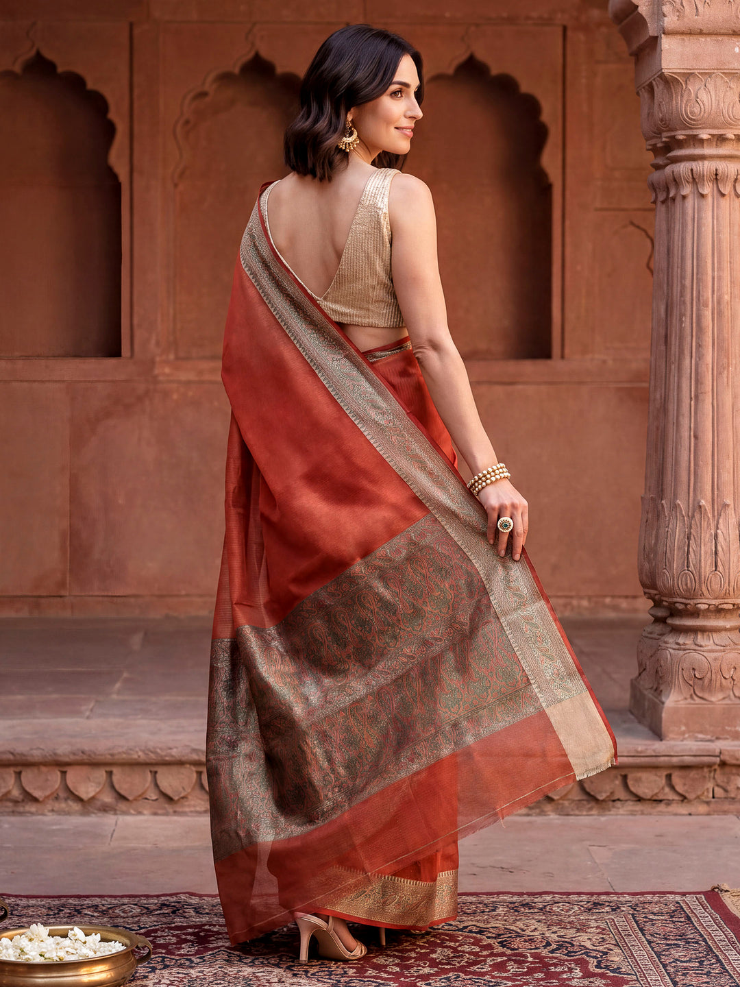 Orange Woven Design Cotton Blend Saree
