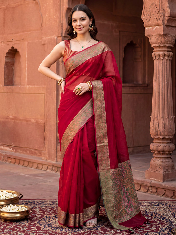 Red Woven Design Cotton Blend Saree