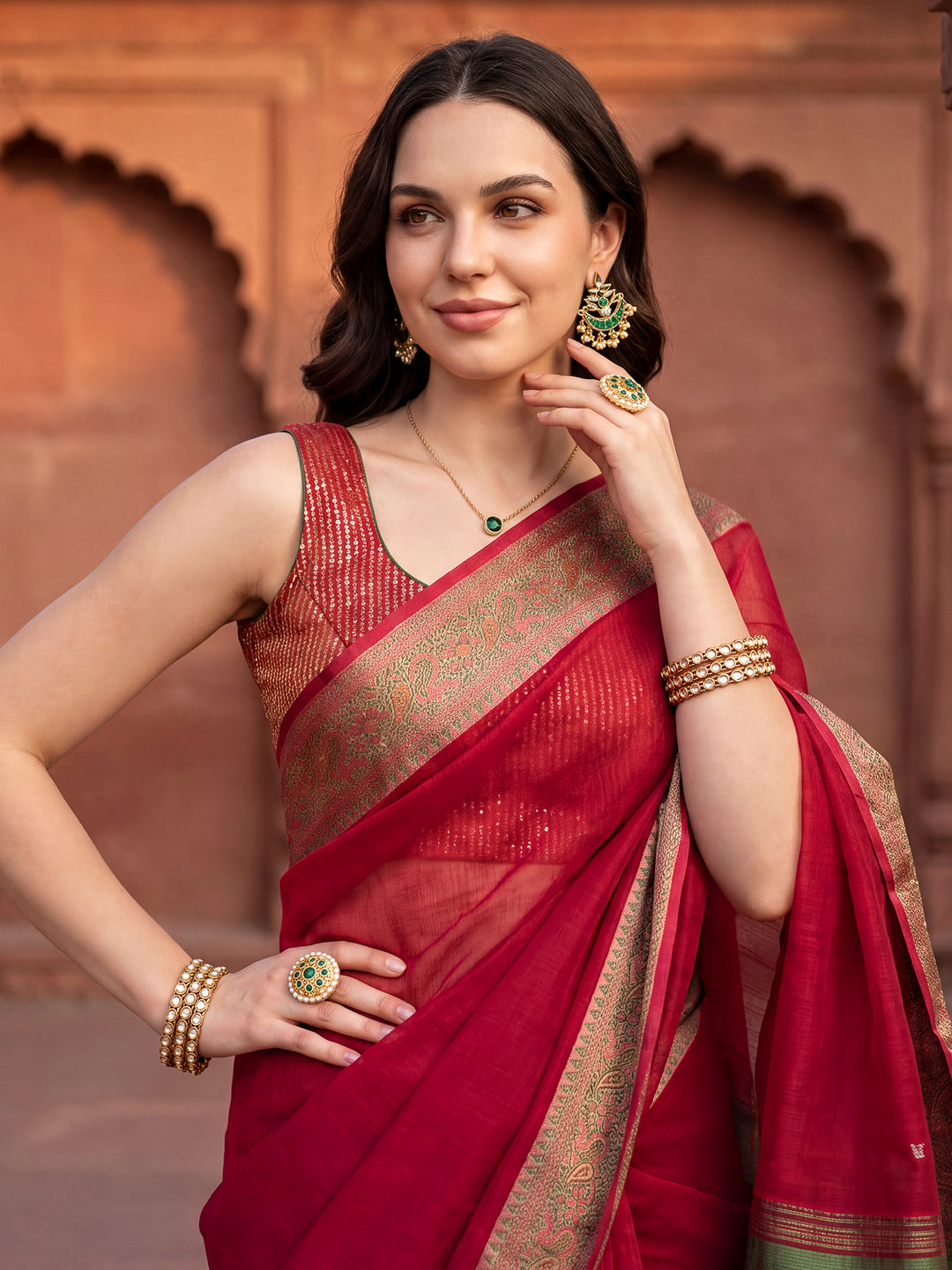 Red Woven Design Cotton Blend Saree