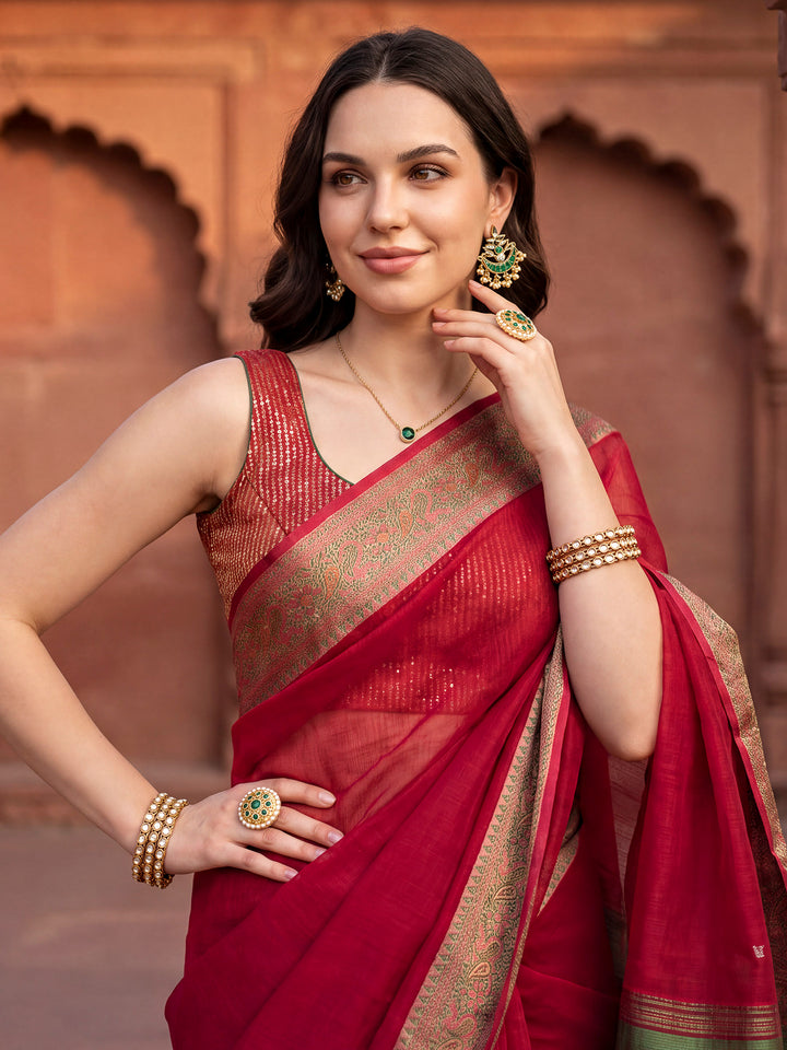 Red Woven Design Cotton Blend Saree