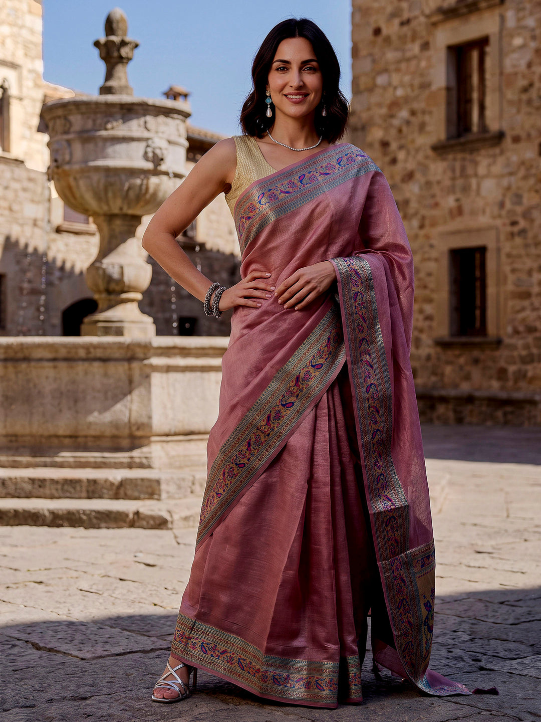 Onion-Pink Woven Design Tussar Saree