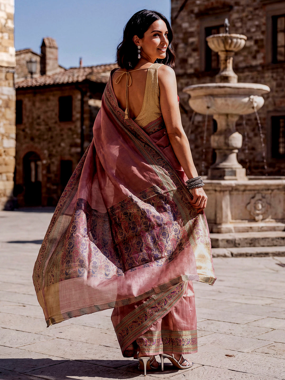 Onion-Pink Woven Design Tussar Saree