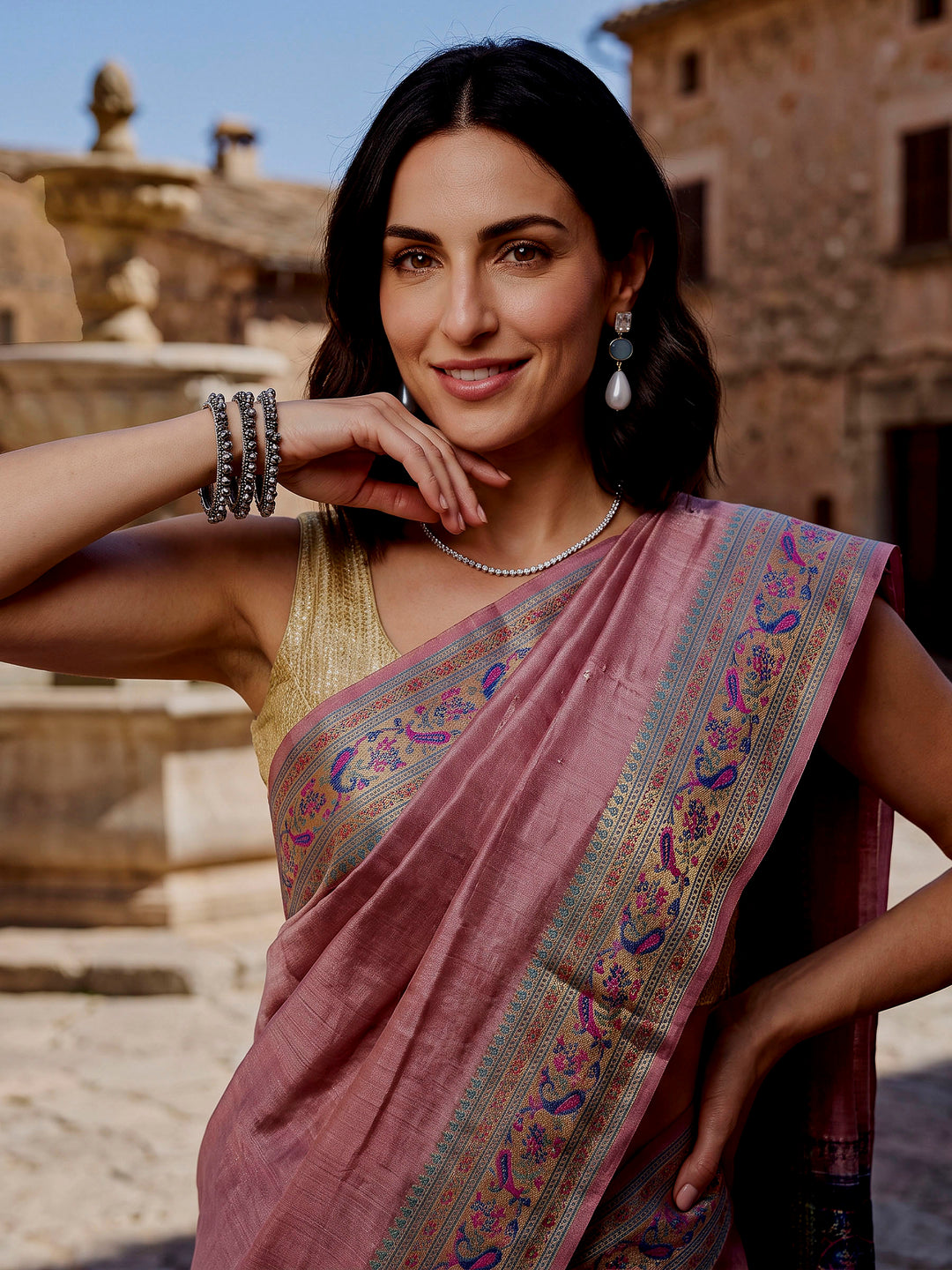 Onion-Pink Woven Design Tussar Saree