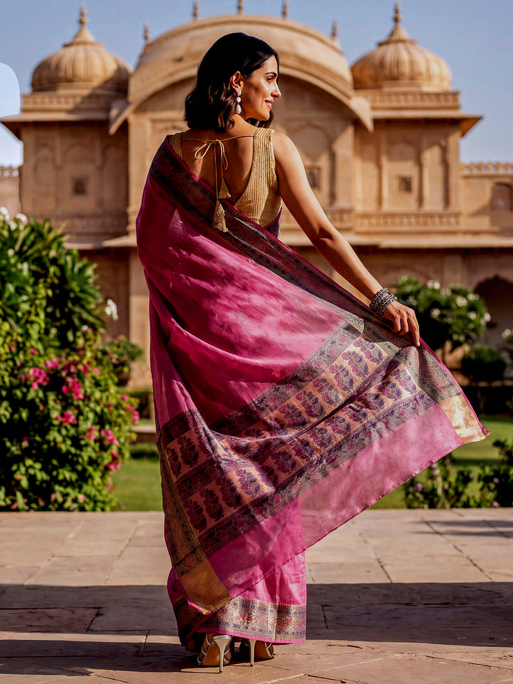 Pink Woven Design Tussar Saree