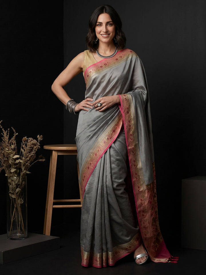 Grey Art Silk Woven Saree